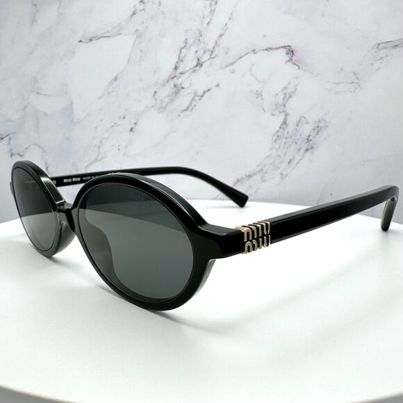 New MIU MIU Sunglasses Black Acetate Slim Round Gold Metal Logo Authentic Women - Picture 16 of 16